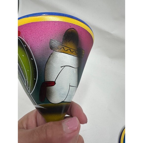 2 Hand-Painted Mexican Blown Glass Margarita Glasses Cactus Sleeping Man  Blue - Picture 16 of 16